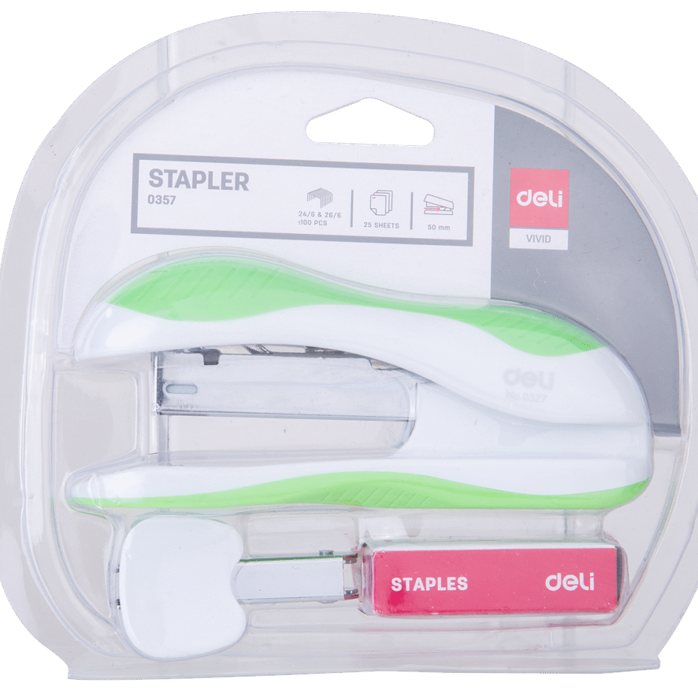 خرازة مكتبية - قياس 24/6 & 26/6 - سعة 25 ورقة - على كرت مع نزاعة وعلبة شريط خرز - بدن أبيض (أزرق/ برتقالي / أخضر) - E0357