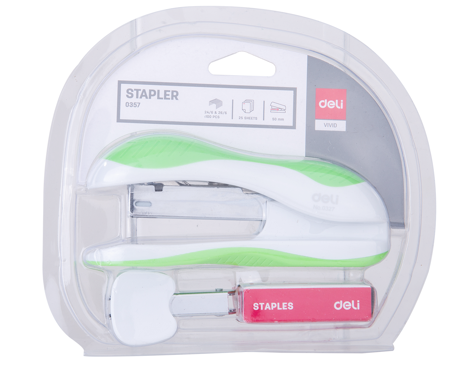 خرازة مكتبية - قياس 24/6 & 26/6 - سعة 25 ورقة - على كرت مع نزاعة وعلبة شريط خرز - بدن أبيض (أزرق/ برتقالي / أخضر) - E0357