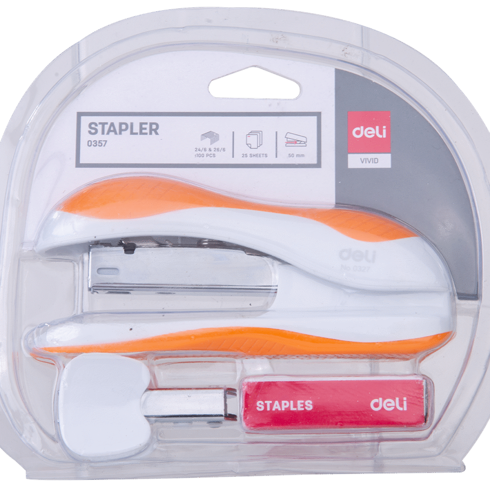 خرازة مكتبية - قياس 24/6 & 26/6 - سعة 25 ورقة - على كرت مع نزاعة وعلبة شريط خرز - بدن أبيض (أزرق/ برتقالي / أخضر) - E0357