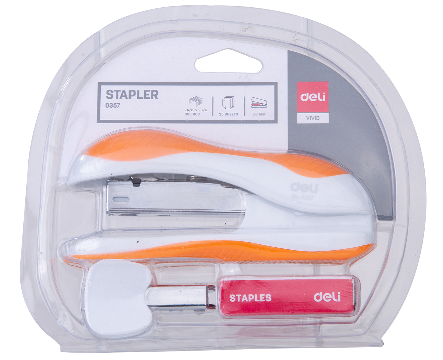 خرازة مكتبية - قياس 24/6 & 26/6 - سعة 25 ورقة - على كرت مع نزاعة وعلبة شريط خرز - بدن أبيض (أزرق/ برتقالي / أخضر) - E0357