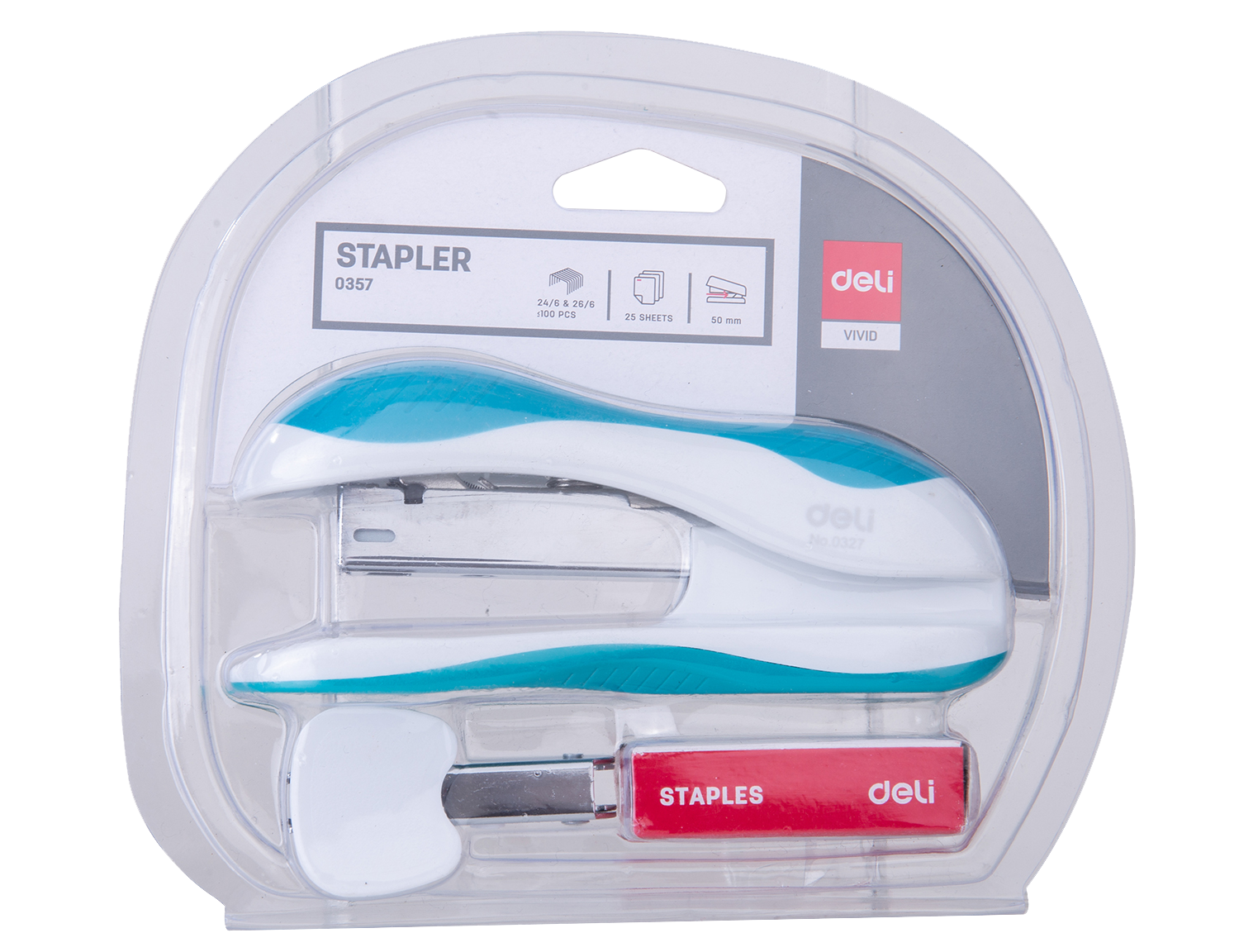 خرازة مكتبية - قياس 24/6 & 26/6 - سعة 25 ورقة - على كرت مع نزاعة وعلبة شريط خرز - بدن أبيض (أزرق/ برتقالي / أخضر) - E0357