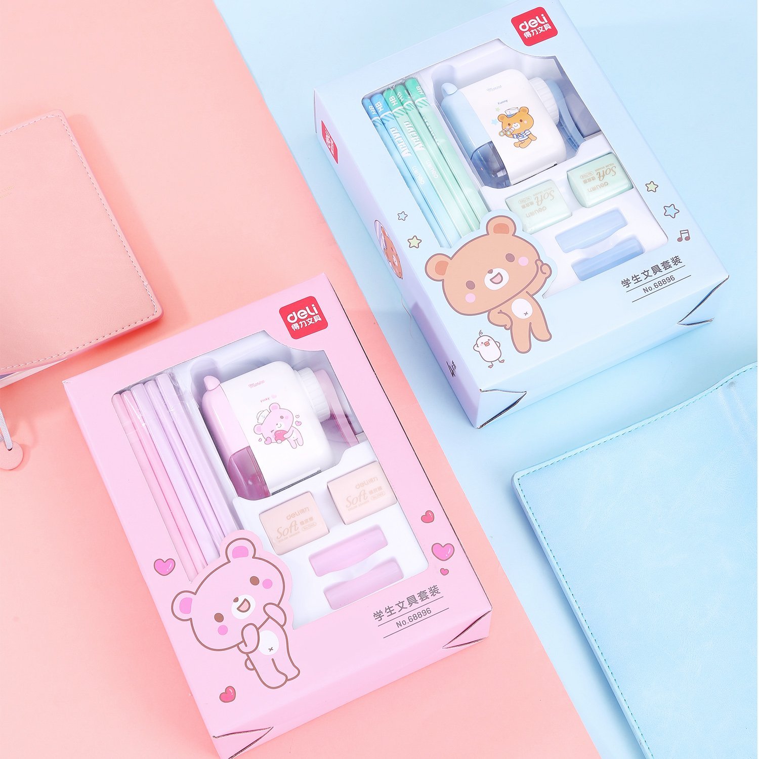 E68896 c(4) ديلي مجموعة هدايا - قرطاسية مدرسية - (حاملة أقلام*2، قلم رصاص*12، ممحاة*2، مبراة *1) - أزرق / زهر - E68896