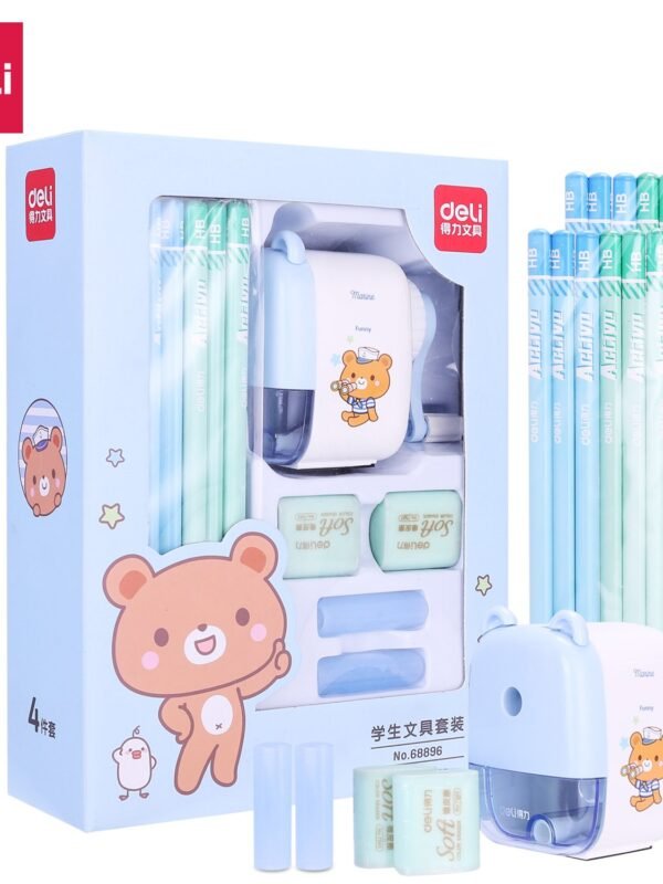 ديلي مجموعة هدايا - قرطاسية مدرسية - (حاملة أقلام*2، قلم رصاص*12، ممحاة*2، مبراة *1) - أزرق / زهر - E68896