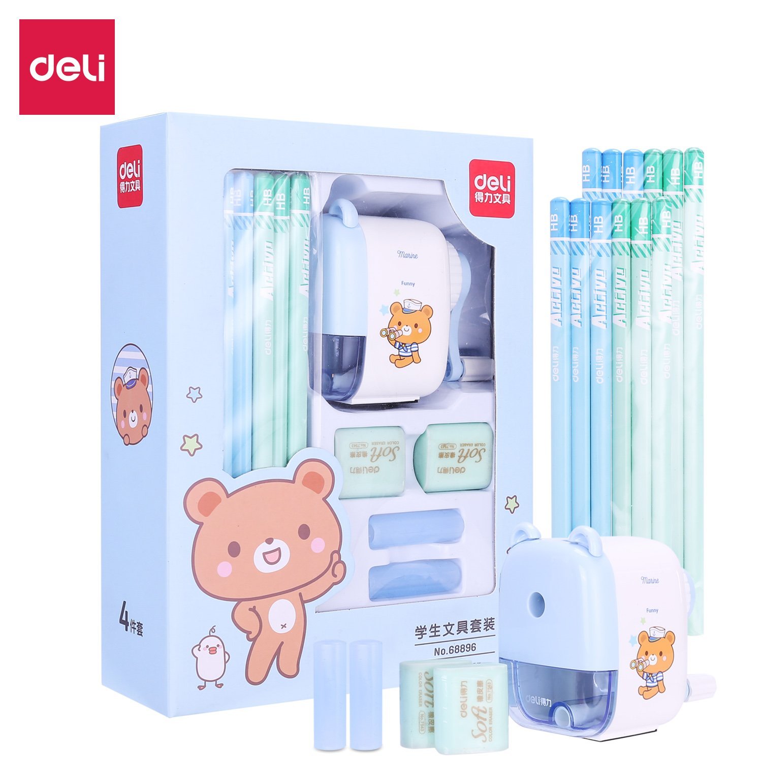 ديلي مجموعة هدايا - قرطاسية مدرسية - (حاملة أقلام*2، قلم رصاص*12، ممحاة*2، مبراة *1) - أزرق / زهر - E68896