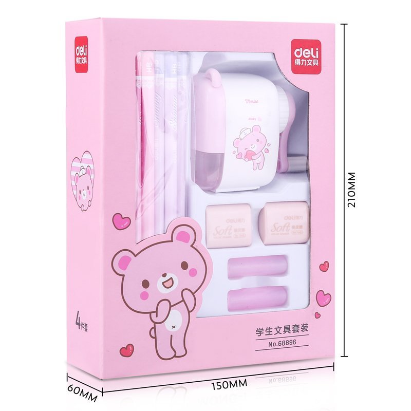 E68896 (6) ديلي مجموعة هدايا - قرطاسية مدرسية - (حاملة أقلام*2، قلم رصاص*12، ممحاة*2، مبراة *1) - أزرق / زهر - E68896