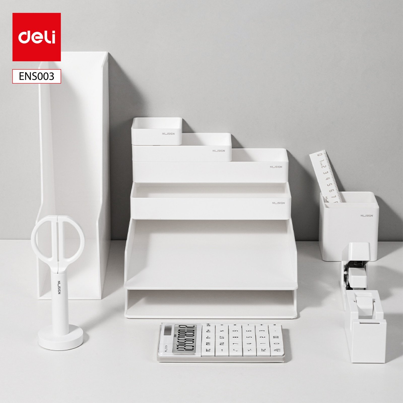 ديلي مجموعة قرطاسية عدة مكتب - مجموعة من 13 قطعة - أبيض - ENS003