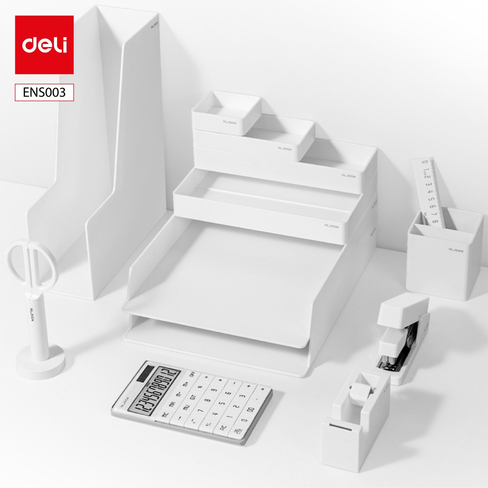 ديلي مجموعة قرطاسية عدة مكتب - مجموعة من 13 قطعة - أبيض - ENS003