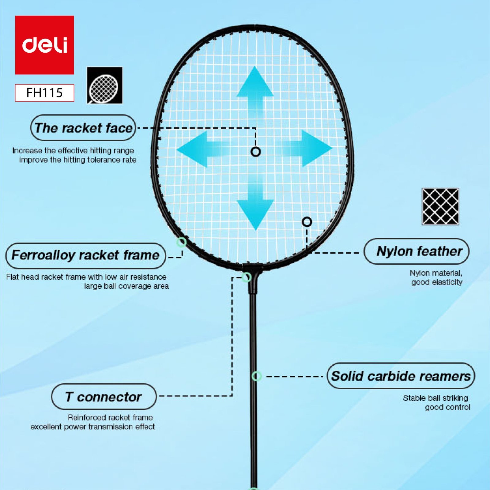 ديلي مضرب تنس الريشة - مجموعة 2 مضرب مع ملحقات - معدن - الطول: 665 مم- أسود - FH115