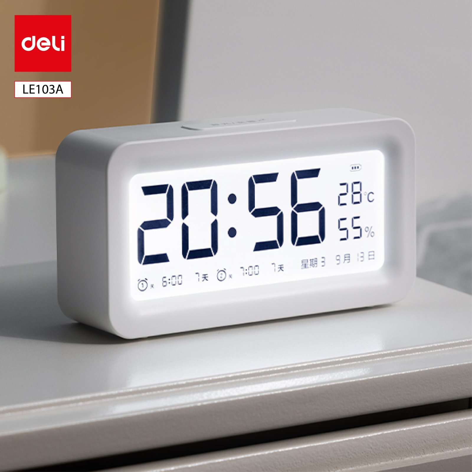 ديلي ساعة منبه رقمية - إضاءة خلفية - (132*37*71) ملم - سعة البطارية: 1200 مللي أمبير - أبيض - LE103A