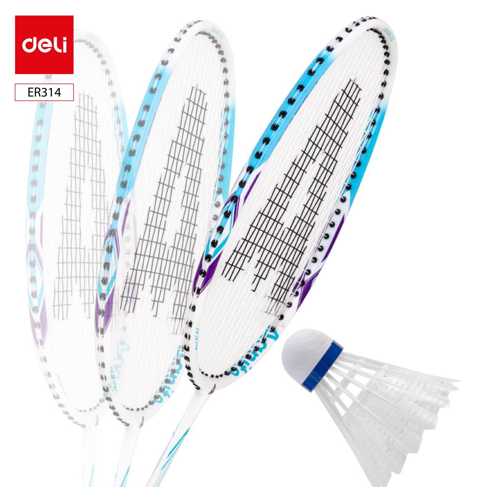 ديلي مضرب تنس الريشة - مجموعة 2 مضرب مع ملحقات - الألمنيوم + الكربون - الطول: 680 ملم - أزرق أبيض + زهر أبيض - ER314