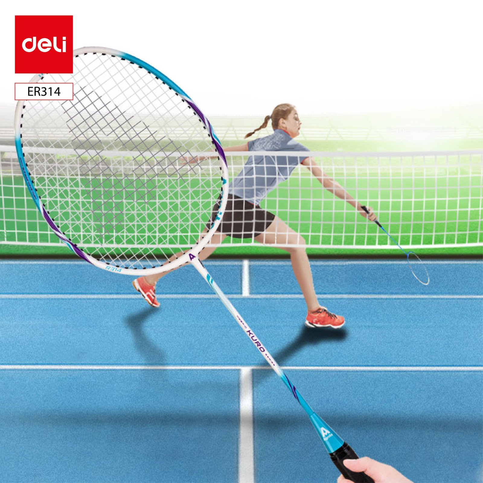 ديلي مضرب تنس الريشة - مجموعة 2 مضرب مع ملحقات - الألمنيوم + الكربون - الطول: 680 ملم - أزرق أبيض + زهر أبيض - ER314