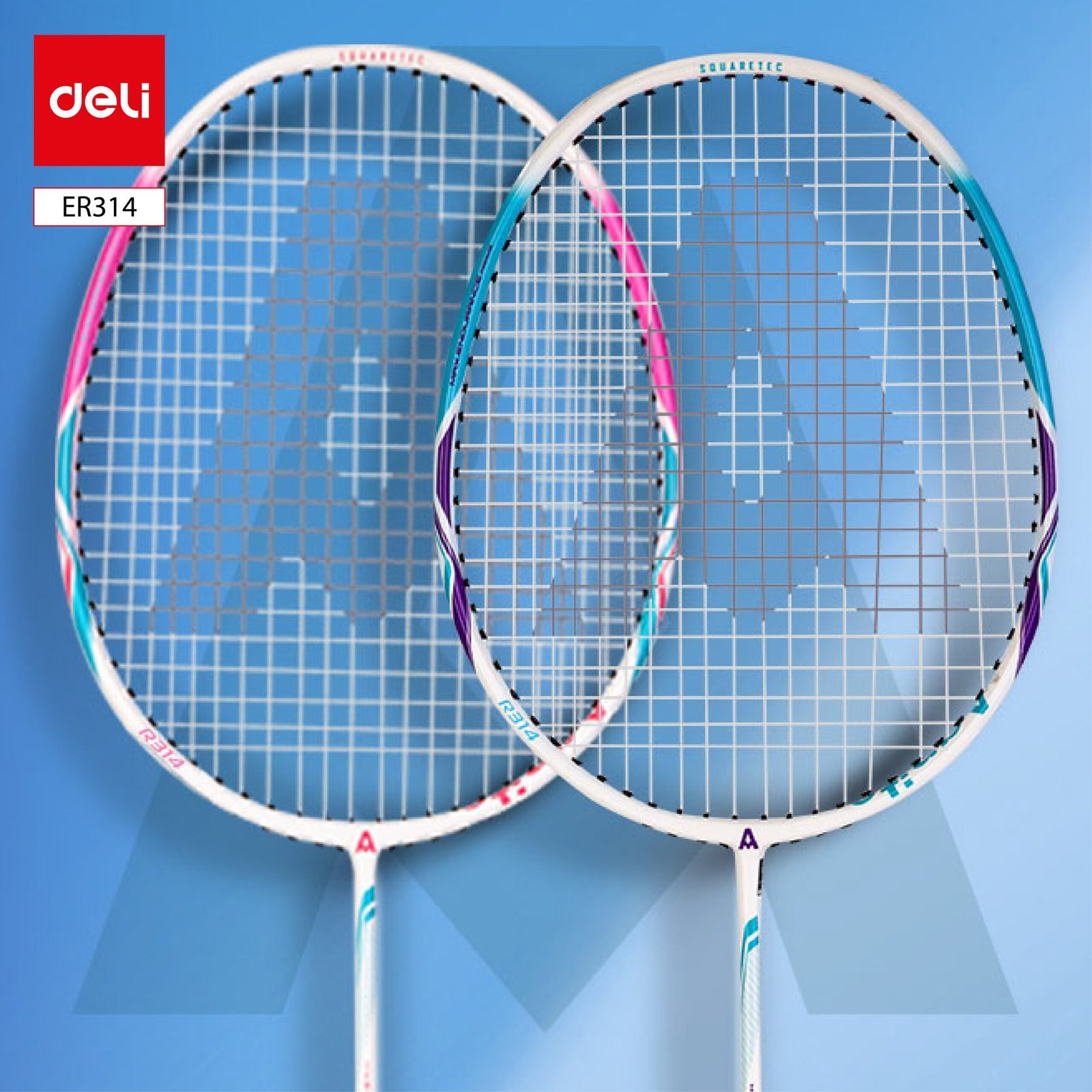 ديلي مضرب تنس الريشة - مجموعة 2 مضرب مع ملحقات - الألمنيوم + الكربون - الطول: 680 ملم - أزرق أبيض + زهر أبيض - ER314