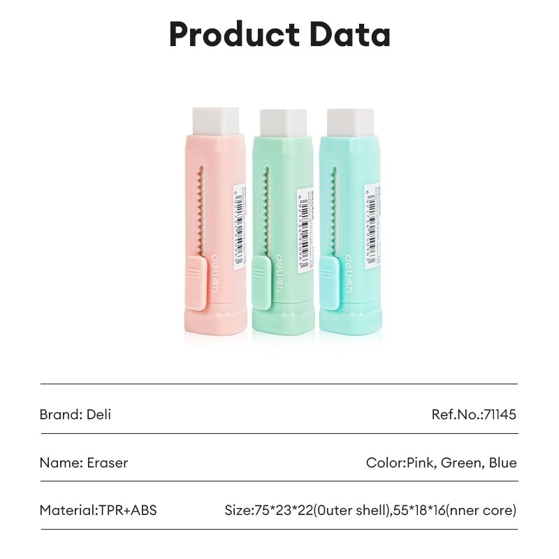 71145-1 ديلي ممحاة - شكل مشرط - قياس 75*23*22 مم - 3 ألوان - E71145