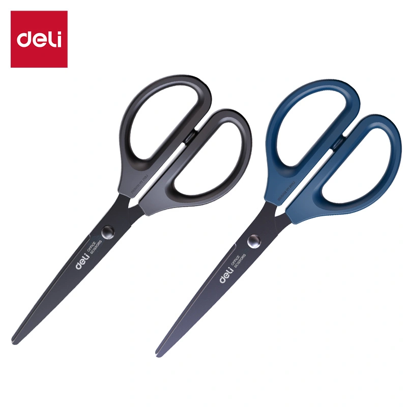 deli-e0603s-scissors02 ديلي مقص معدن - مقبض بلاستيك مضغوط - 17 سم - بدن أسود - أسود،أزرق - E0603S