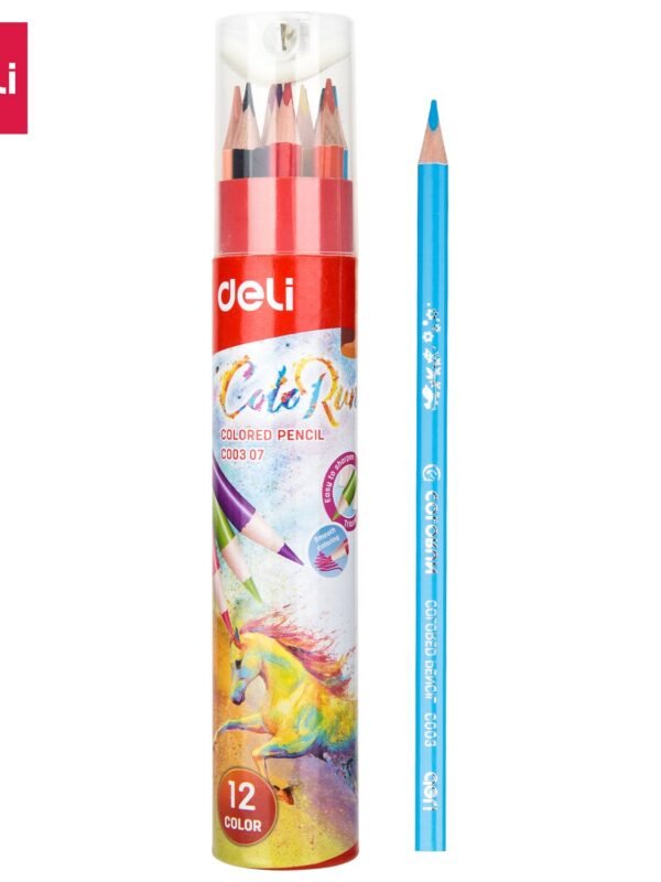 EC00307- (1) ديلي أقلام تلوين خشبي طويل - كالاران علبة اسطوانية مع غطاء بمبراة - 12 لون EC00307