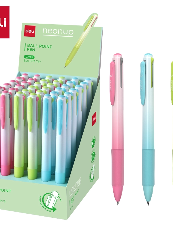 ديلي قلم حبر جاف كباس 4 ألوان - بدن أزرق/زهر/أخضر - قبضة مطاط 0.7 مم - أزرق أحمر أسود أخضر - EQ311N