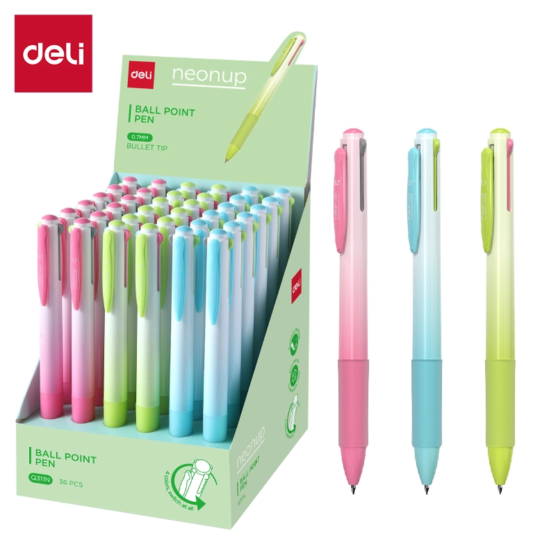 ديلي قلم حبر جاف كباس 4 ألوان - بدن أزرق/زهر/أخضر - قبضة مطاط 0.7 مم - أزرق أحمر أسود أخضر - EQ311N