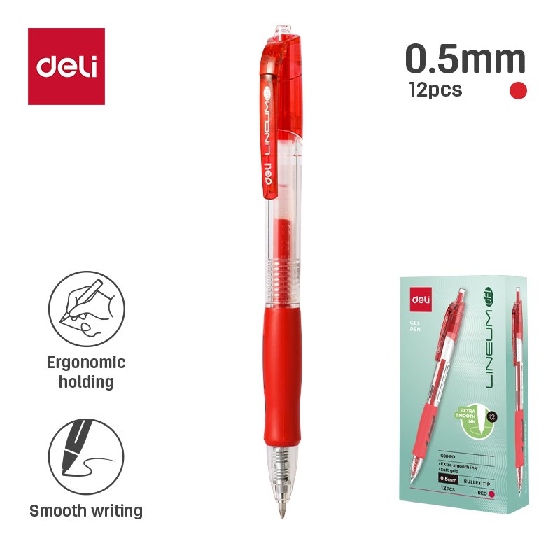 EG08-RD (1) ديلي قلم حبر جل كباس - بدن شفاف - قبضة مطاط - 0.5mm - أحمر EG08-RD