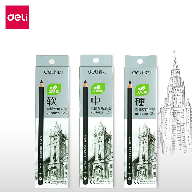 ديلي قلم فحم خشب دائري للرسم - متوسط الليونة - بدن أسود مع طبة E58121