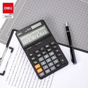 ديلي ألة حاسبة مكتبية - مصدرين طاقة - بدن بلاستيك واجهة معدن - 12 خانة - أسود EM320