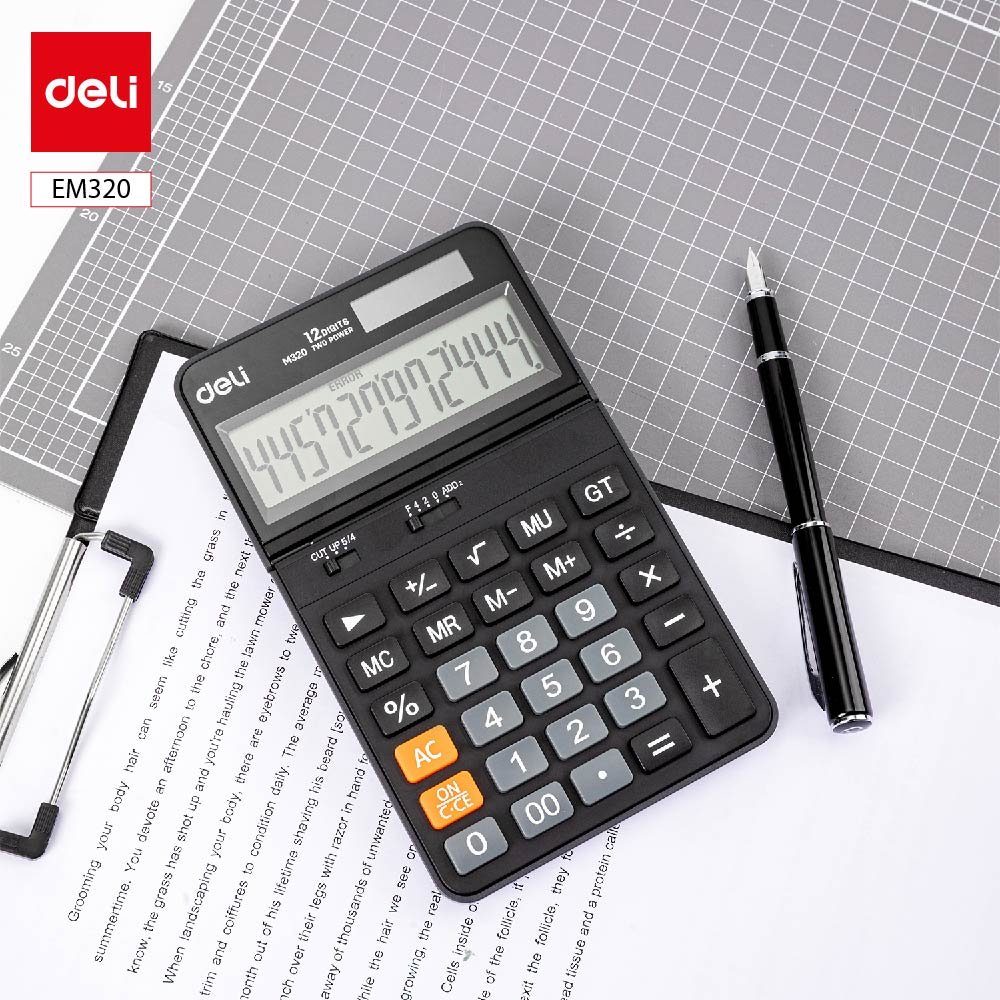ديلي ألة حاسبة مكتبية - مصدرين طاقة - بدن بلاستيك واجهة معدن - 12 خانة - أسود EM320