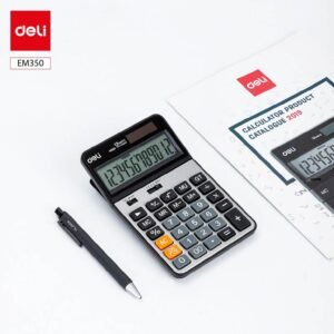 ديلي ألة حاسبة مكتبية - مصدرين طاقة - بدن بلاستيك واجهة معدن - 12 خانة - فضي EM350
