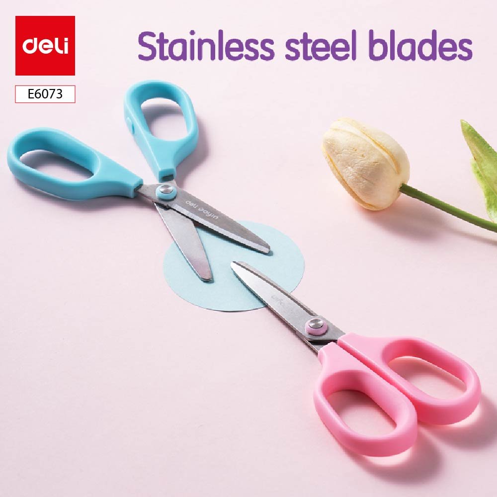 E6073-0 ديلي مقص معدن مدرسي للأطفال - 14.5 سم - أزرق/زهر - E6073